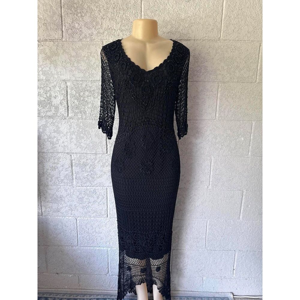 Vintage R&M Richards Black Crochet Lace Midi/Maxi Dress Size XL Rayon Lined